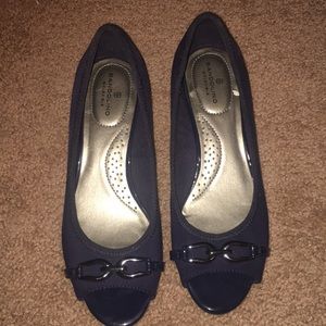 Blue peep toe wedges